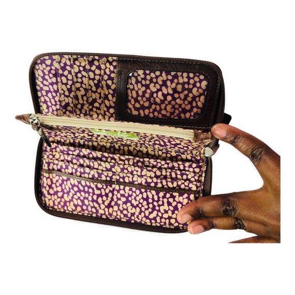 Fossil Key Per Coated Canvas Wallet Multi Credit Card Slots Zipper Leather Trim - Picture 5 of 8